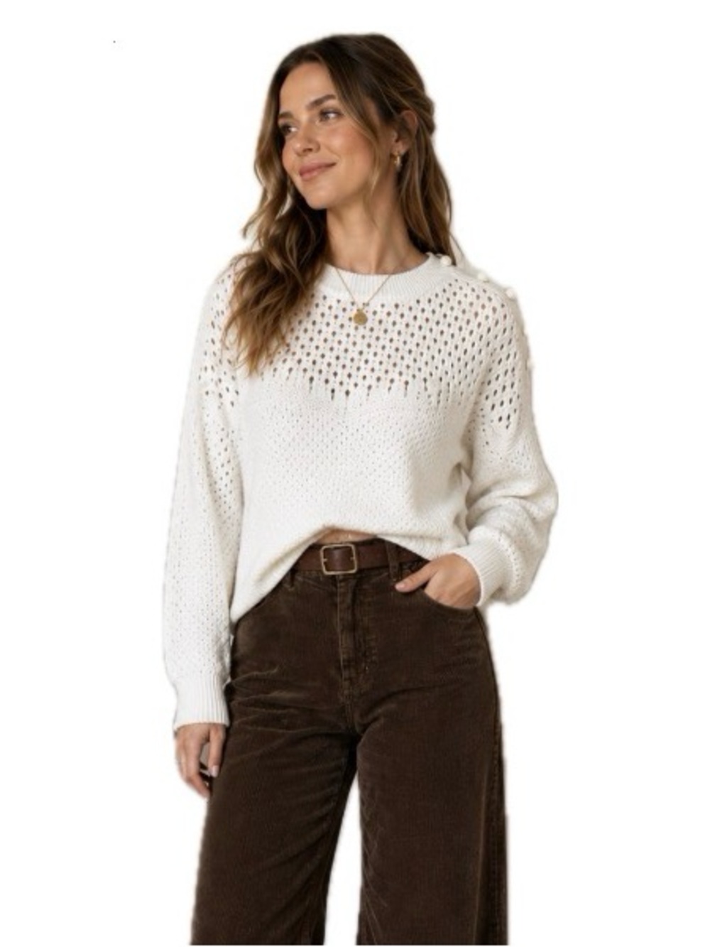 J Crew, White Sweater with Intricate Open-Weave Design and large buttons, Size M
